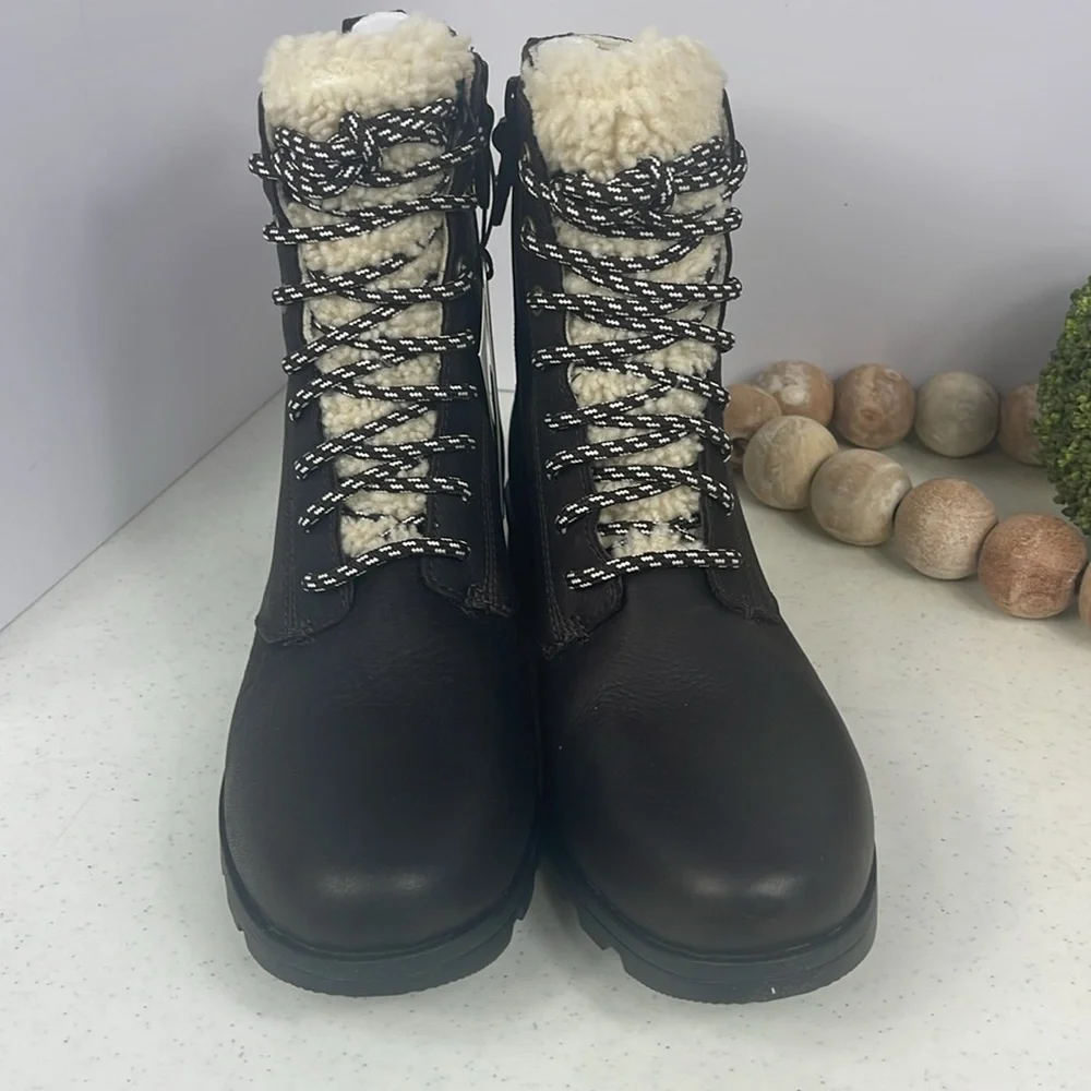 SOREL Emelie Shearling Short Lace-Up Leather Boots Blacken Brown-Sz 8.5